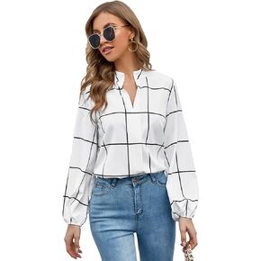 SOLY HUX Women's Plaid Notched V Neck Bishop Long Sleeve Work Office Blouse Tops