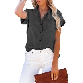 Aoudery Women's Chambray Button Down Shirt with Pockets Denim Cotton Button Up Tunics Short Sleeve Solid High Low Blouse Tops