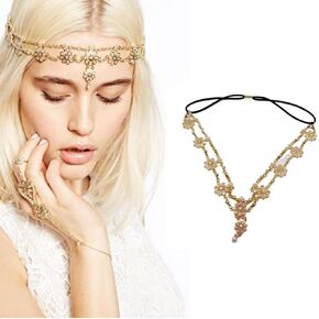 Crystal Bridal Wedding Head Chains, Bohemian Rhinestone Diamond Jewelry Forehead Headpiece with Drop Pendant air Decoration for Women Girls (Gold)