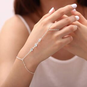 Crystal Finger Bracelets Ring Hand Chain Beach Slave Bracelet Jewelry for Women and Girls (Silver)