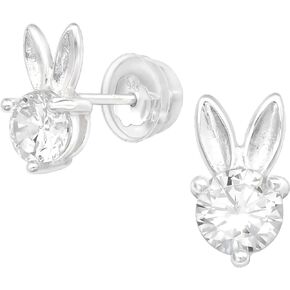 (Nickel Free) 925 Sterling Silver Crystal Easter Bunny Rabbit Face Stud Earrings
