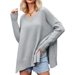 ALLUMK Women Fall V Neck Oversized Sweaters Casual Split Hem Warm Knit Pullover Tops