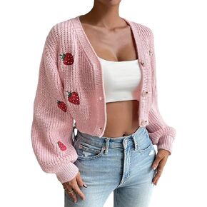 WDIRARA Women's Strawberry Embroidery Crop Cardigan Drop Shoulder Button Up Sweater Tops V Neck Outerwear