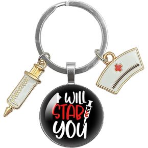 I Will Stab You Transparent Cabochons Keychain with Nurse Cap and Syringe Pendant Funny Nurse Keychain Appreciation Keychain Gifts for Phlebotomist Nursing Doctor Assistant Medical Staff
