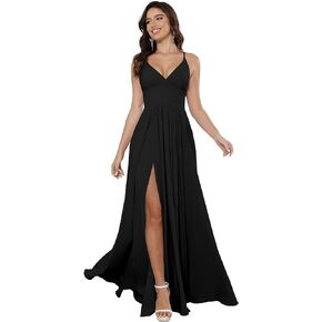 Women's Spaghetti Strap Bridesmaid Dresses Long with Slit Ruched Formal Party Dress with Pockets CM255