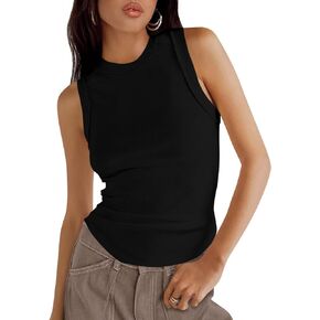 Womens 2024 Ribbed Tank Tops Summer Sleeveless Crew Neck Curved Hem Exposed Seam Slim Fitted Casual Basic Tee