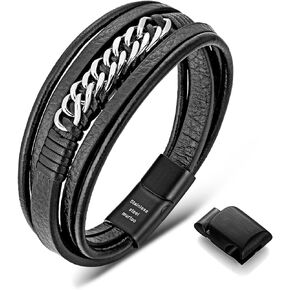 murtoo Mens Bracelet Leather with Steel Chain, Chain of Freedom' Brown and Black Leather Bracelet with Adjustable Clasp for Men Gift