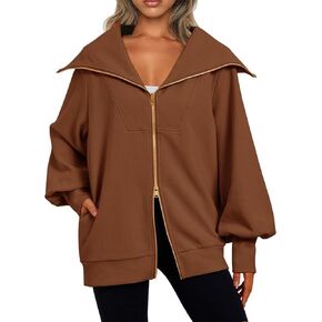 Women’s Oversized Zip Up Sweatshirt Solid Color Casual Loose Hoodies Fall Winter Trendy Pullover Tops With Pockets