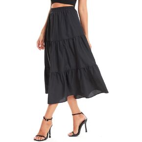 DIASHINY Women's High Waist Elastic Waist A Line Solid Pleated Tiered Long Skirt