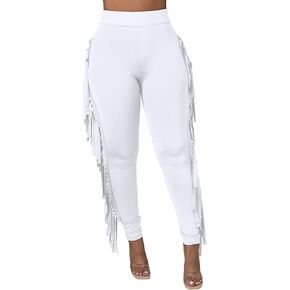 Rimhold Women's Fringe Pants Casual High Waist Solid Bodycon Side Tassel Pants Yoga Pants Sweatpants Bandage Pants