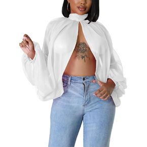 Ophestin Womens Print Sexy Open Back Sheer Chiffon Balloon Sleeve Shirt Blouse Tops Coverup