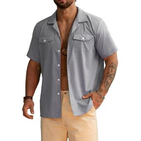 Hardaddy Men's Short Sleeve Button Down Shirt Summer Beach Cuban Collar Shirts Vacation Textured Fabric with Pockets in Kuwait