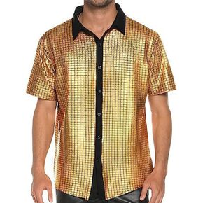 Yimoon Men’s 70S Disco Shirts Button Down Sequin Shirt Short Sleeve Retro Metallic Nightclub Party Costume Shirt Tops