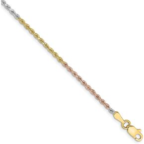 Solid Gold 14K Tri-colored 1.75mm Diamond-cut Rope with Lobster Lock Anklet Necklace Chain -8.0" 9.0" 10.0"