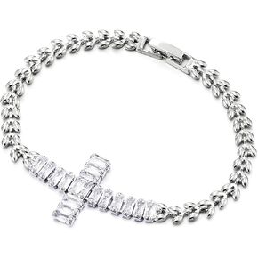COOLSTEELANDBEYOND Fancy Leaf Petal Link Chain Bracelet with Cubic Zirconia Cross, for Women, Fold-Over Clasp
