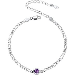 SILVERCUTE 3mm/5mm Chain Bracelet for Women Sterling Silver Figaro Chain Link Bracelet with Heart or Round Birthstone