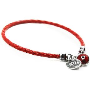 MIZZE Made for Luck Red Evil Eye Charm Bracelet - Sterling Silver Protection Coin & 10 MM Red Glass Eye on Braided Leather - 7" Length, Lobster Clasp - Birthday & Friendship Gift