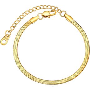 FOCALOOK 3/5mm Flat Snake Chain Bracelet 18k Real Gold Plated Stainless Steel Herringbone Chain Link Bracelet for Women (4 Colors)