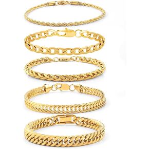 5 Pcs Stainless Steel Chain Bracelet for Men Women Cuban Curb Width Link Chain Bracelets Set Men Jewelry Gifts for Dad Boyfriend Husband, 7/7.5/8.3/9 Inch