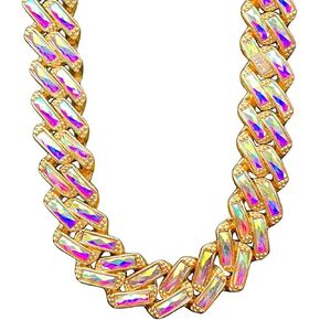 Apzzic 15mm Colorful Iced Out High Polished Gold Plated Hip Hop Miami Diamond Cuban Link Chain Bracelet Necklace Set for Men Women Gold Silver