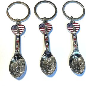 New York Souvenir Mini Spoon Keychain Liberty Of Statue With American Flag Printed 3 Items Set