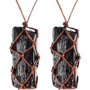 Hicarer 2 Pieces Natural Black Tourmaline Crystal Necklace Hand Braided Chakra Gemstone Pendant Necklace for Men Women