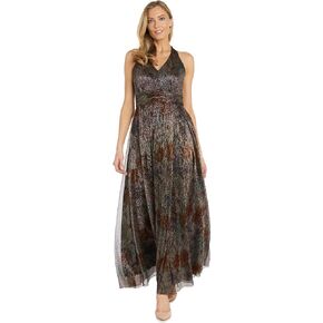 R&M Richards Women's Printed Metallic Crinkle V Neck Halter Dress