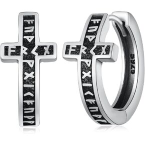 Viking Earrings 925 Sterling Silver Norse Viking Hoop Black Cross Earrings Punk Rune Earring Birthday Jewelry Gifts for Men