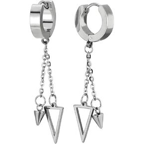 Men Women Stainless Steel Huggie Hinged Hoop Earrings with Dangling Cone and Open Triangle