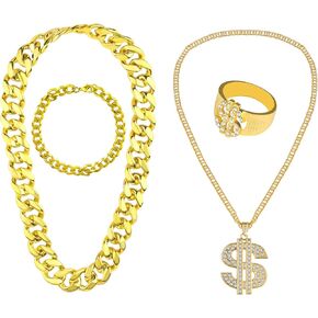 KINBOM Hip Hop Constume Kit, Rapper Gold Chain Bracelet Earrings Ring and Sunglasses 80s 90s Outfit Hip Hop Party Supplies for Men Women