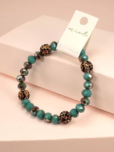 Miracle Collection Bohemian Glass bead with Leopard Crystal Ball Stretch Bracelet-Versatile Stretch Sparkly Crystal Beads Stackable Bracelet. in Saudi Arabia