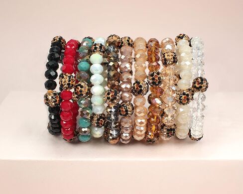 Miracle Collection Bohemian Glass bead with Leopard Crystal Ball Stretch Bracelet-Versatile Stretch Sparkly Crystal Beads Stackable Bracelet. in Saudi Arabia