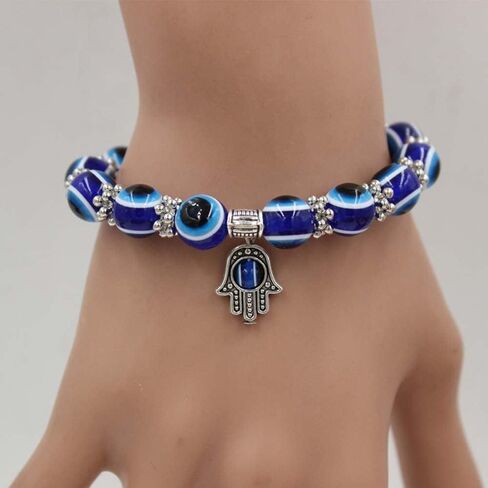 Evil Eye Hamsa Blue Beaded Charm Stretch Bracelet Hand of Fatima Turkish Lucky Evil Eye Bracelet for Protection and Blessing(10 mm-Plastic) (AMX2V09QTSUS) in Saudi Arabia