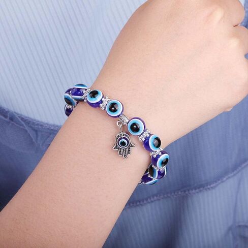 Evil Eye Hamsa Blue Beaded Charm Stretch Bracelet Hand of Fatima Turkish Lucky Evil Eye Bracelet for Protection and Blessing(10 mm-Plastic) (AMX2V09QTSUS) in Saudi Arabia