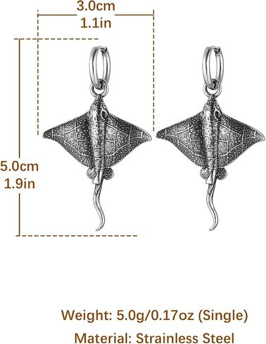 HZMAN Stainless Steel Stingray Dangle Earrings for Men Women Ocean Sea Animal Manta Ray Huggie Hoop Earring Jewelry Gift in Saudi Arabia