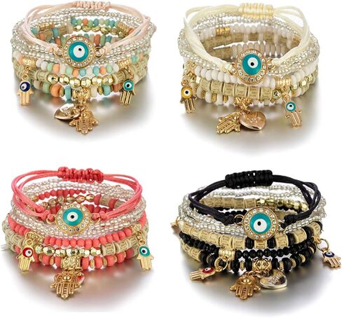 Caiyao 4Pcs Bohemian Multilayer Evil Eye Hamsa Fatima Hand Shell Beads Bracelet Layered Stretch Stackable Acrylic Beaded Protection Bracelet for Women Girl Amulet Goold Luck Jewelry in Saudi Arabia