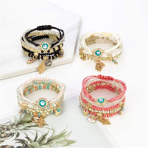 Caiyao 4Pcs Bohemian Multilayer Evil Eye Hamsa Fatima Hand Shell Beads Bracelet Layered Stretch Stackable Acrylic Beaded Protection Bracelet for Women Girl Amulet Goold Luck Jewelry in Saudi Arabia