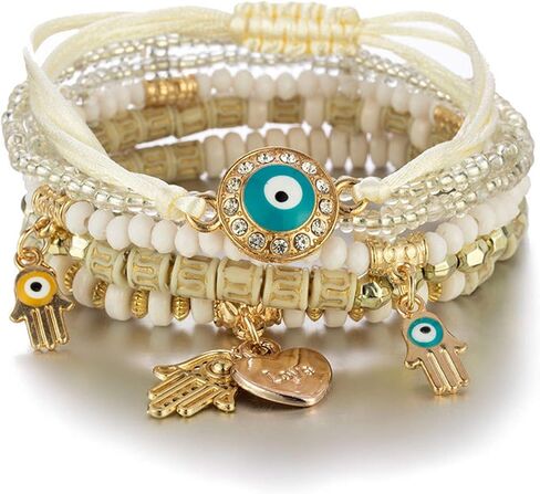 Caiyao 4Pcs Bohemian Multilayer Evil Eye Hamsa Fatima Hand Shell Beads Bracelet Layered Stretch Stackable Acrylic Beaded Protection Bracelet for Women Girl Amulet Goold Luck Jewelry in Saudi Arabia