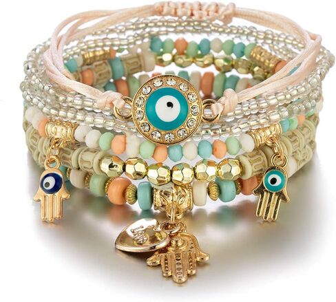 Caiyao 4Pcs Bohemian Multilayer Evil Eye Hamsa Fatima Hand Shell Beads Bracelet Layered Stretch Stackable Acrylic Beaded Protection Bracelet for Women Girl Amulet Goold Luck Jewelry in Saudi Arabia