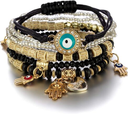 Caiyao 4Pcs Bohemian Multilayer Evil Eye Hamsa Fatima Hand Shell Beads Bracelet Layered Stretch Stackable Acrylic Beaded Protection Bracelet for Women Girl Amulet Goold Luck Jewelry in Saudi Arabia