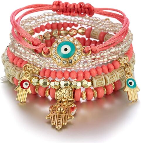 Caiyao 4Pcs Bohemian Multilayer Evil Eye Hamsa Fatima Hand Shell Beads Bracelet Layered Stretch Stackable Acrylic Beaded Protection Bracelet for Women Girl Amulet Goold Luck Jewelry in Saudi Arabia
