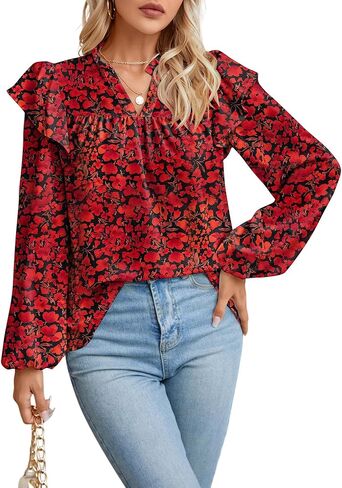 بلوزات LOLONG النسائية ذات الرقبة على شكل V مكشكشة طويلة/أكمام قصيرة أنيقة كاجوال من الزهور بوهو in Kuwait