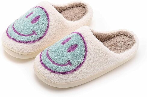 Fun Happy Face Smile Emoticon Fluffy Sherpa Slip On House Slippers for Women and Men in Saudi Arabia
