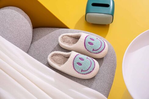 Fun Happy Face Smile Emoticon Fluffy Sherpa Slip On House Slippers for Women and Men in Saudi Arabia