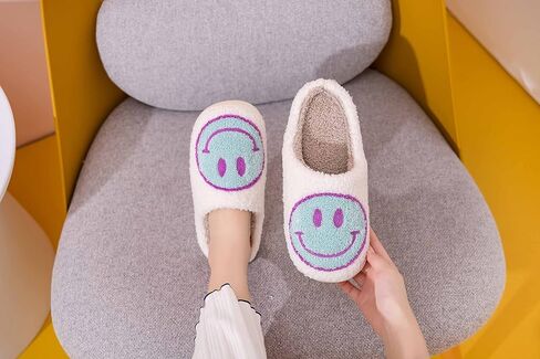 Fun Happy Face Smile Emoticon Fluffy Sherpa Slip On House Slippers for Women and Men in Saudi Arabia