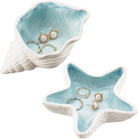 NBEADS Conch/Starfish Shape Ceramic Jewelry Tray, Aqua Shell Trinket Dish Ceramic Ring Earring Holder Ocean-themed Decorative Trinket Plate for Rings Earrings Necklaces Bracelet Jewelry Watch Keys in Saudi Arabia