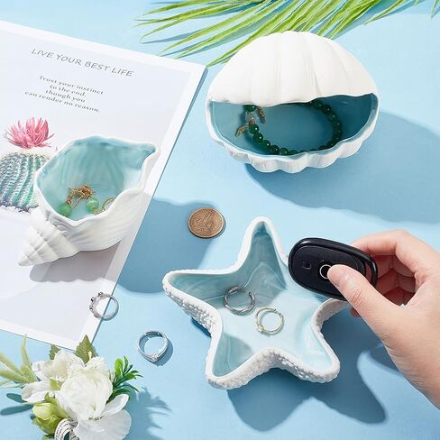 NBEADS Conch/Starfish Shape Ceramic Jewelry Tray, Aqua Shell Trinket Dish Ceramic Ring Earring Holder Ocean-themed Decorative Trinket Plate for Rings Earrings Necklaces Bracelet Jewelry Watch Keys in Saudi Arabia
