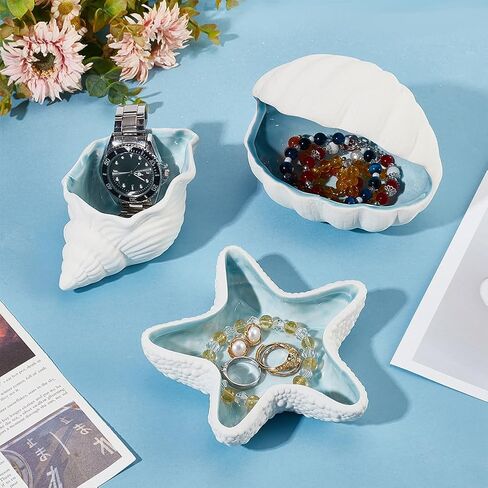 NBEADS Conch/Starfish Shape Ceramic Jewelry Tray, Aqua Shell Trinket Dish Ceramic Ring Earring Holder Ocean-themed Decorative Trinket Plate for Rings Earrings Necklaces Bracelet Jewelry Watch Keys in Saudi Arabia