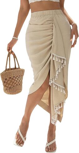 OYOANGLE Women's Boho Elastic Waist Fringe Trim Asymmetrical Hem Ruched High Waist Midi Skirt in Saudi Arabia