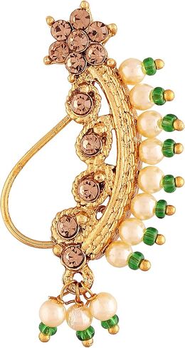 I Jewels 18k Gold Plated Indian Wedding Bollywood Ethnic Bridal Nose Ring/Nath without piercing Encased with Pearl Stone for Women/Girls (NL45-46) in Saudi Arabia